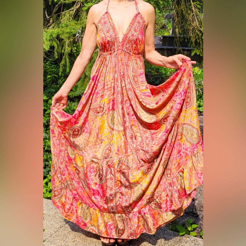 NEW maxi halter Deep-V Neck Backless scarf Dress silk Pink Gold Full Skirt O/S